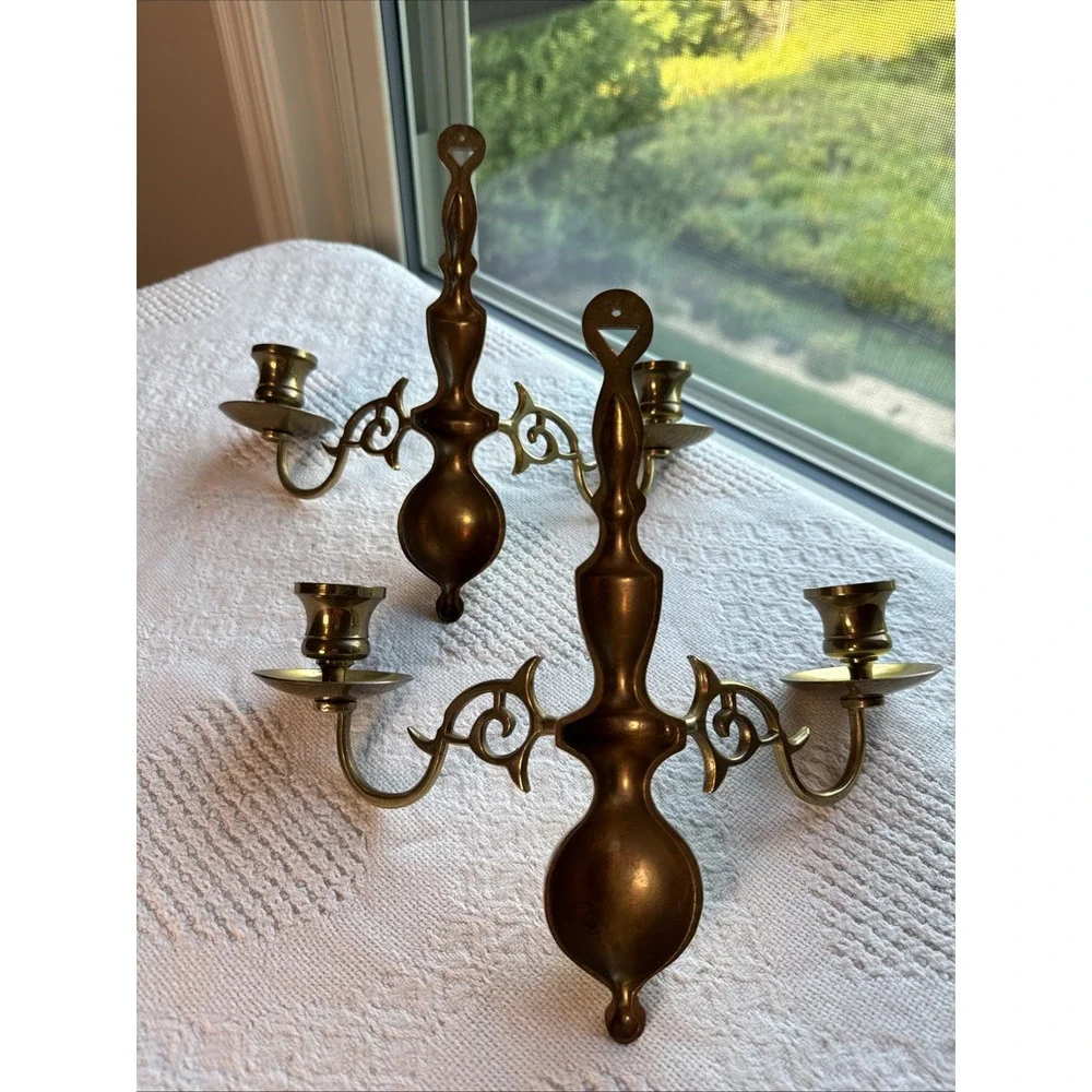 VTG Brass 2-Arm Wall Sconce Candle Holders Polished Gold Baroque Scroll Set of 2
